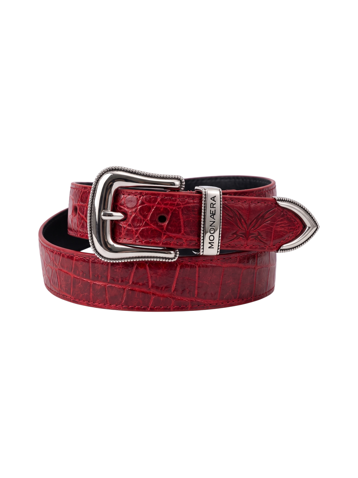 MOONAERA Red Croc Belt coiled with silver buckle and logo keeper