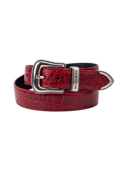 MOONAERA Red Croc Belt coiled with silver buckle and logo keeper