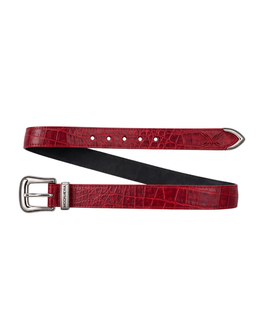 MOONAERA Red Croc Belt with silver western buckle – full view