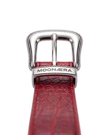 Close-up of the silver western buckle on the MOONAERA Red Croc Belt