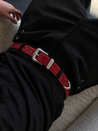 MOONAERA Red Croc Belt worn with a black streetwear outfit