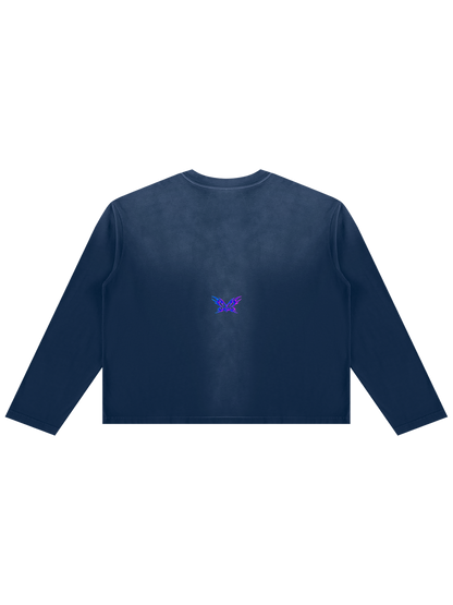 Back view of the MOONAERA You Look Lonely I Can Fix That navy blue longsleeve shirt