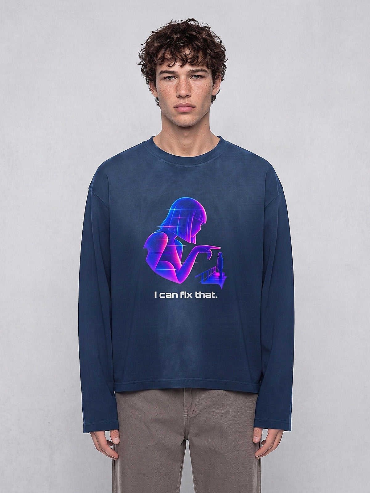 Male model wearing the navy blue MOONAERA You Look Lonely I Can Fix That oversized longsleeve