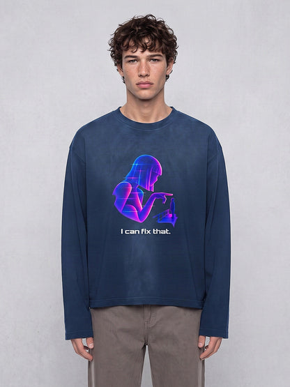 Male model wearing the navy blue MOONAERA You Look Lonely I Can Fix That oversized longsleeve