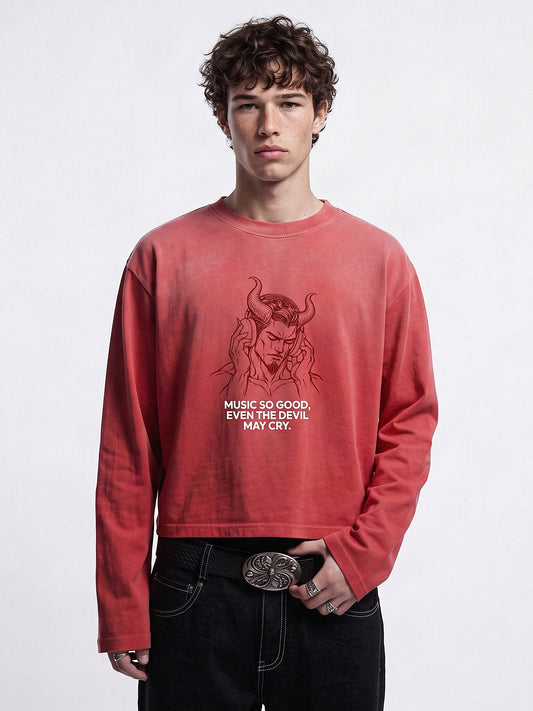 Male model wearing the red MOONAERA Music So Good Even The Devil May Cry oversized longsleeve