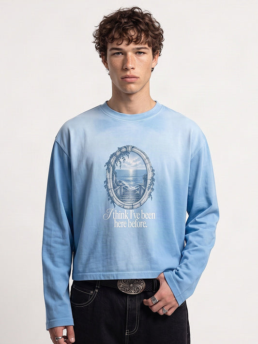 Male model wearing the sky blue MOONAERA I've Been Here Before oversized longsleeve